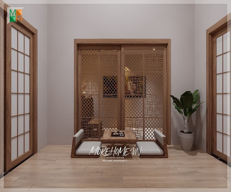 Bộ bàn ghế gỗ thấp bọc đệm tạo nên một điểm nhấn đặc trưng cho phong cách của nhật sự tối giản 