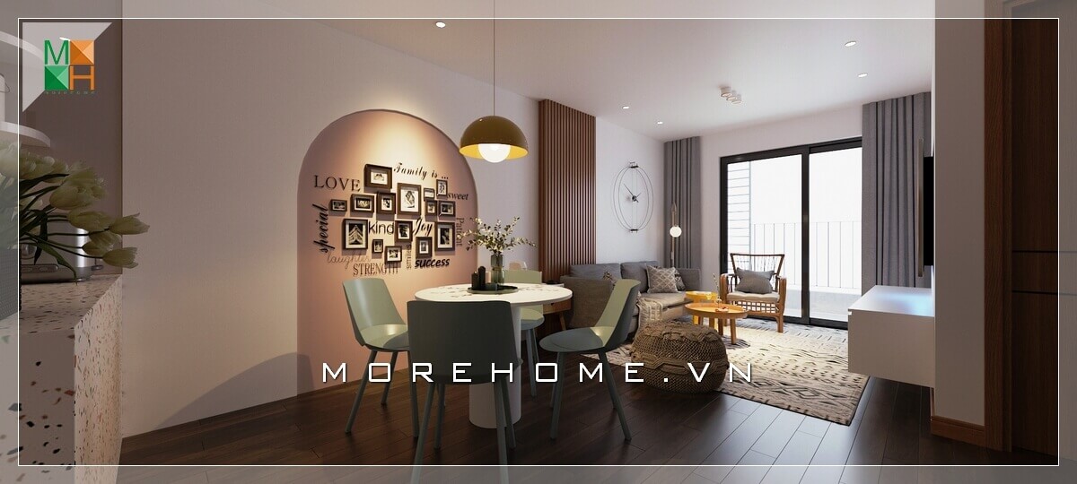 Mẫu thiết kế bàn ăn chung cư 4 ghế mang phong cách khá đơn giản mà hiện đại không quá cầu kỳ nhưng vẫn gây ấn tượng.