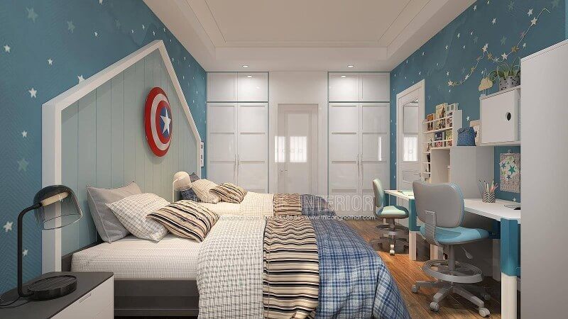 Nếu bạn đang lên ý tưởng cho phòng ngủ của 2 cậu con trai thì mẫu thiết kế phòng ngủ tại biệt thự Vinhomes Imperia Hải Phòng là một gợi ý khá đẹp và khoa học, tủ quần áo màu trắng âm tường, kệ trang trí gắn tường và giường mô hình nhà đẹp mắt.