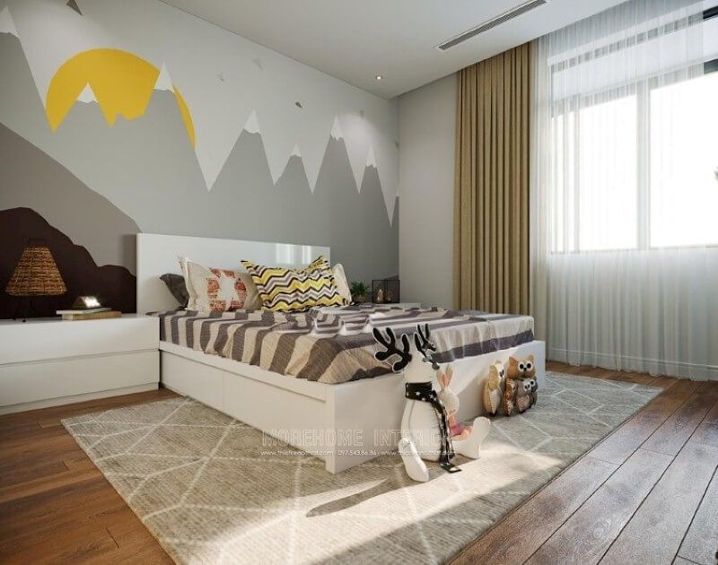 Giường ngủ trẻ em đẹp độc đáo đáng yêu với tone màu trắng tạo cảm giác rộng rãi thông thoáng cho phòng bé.