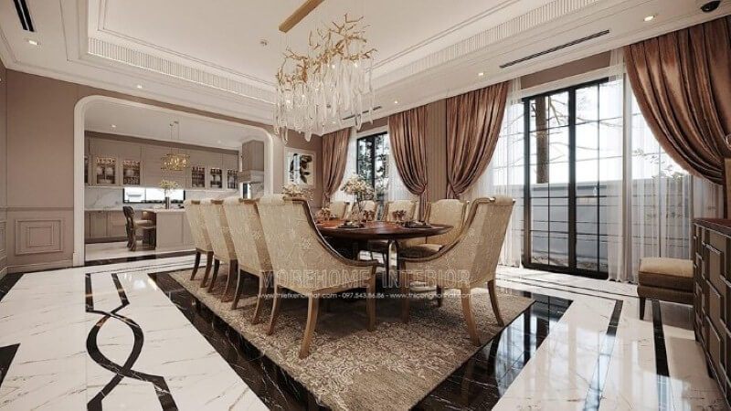 Sắp xếp nội thất phòng ăn liền bếp phong cách đương đại đẹp, sang trọng.