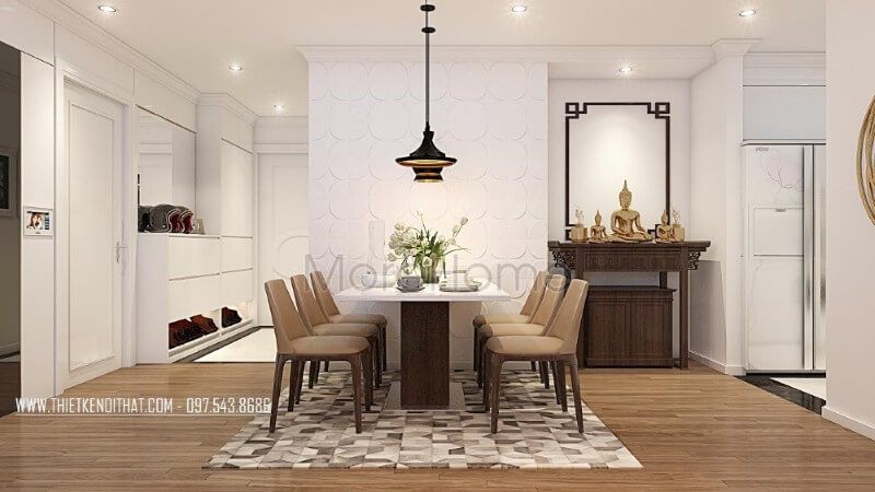 . Kiến trúc sư đã thiết kế một không gian thờ cúng linh thiêng trong không gian sinh hoạt chung, đảm bảo phong thủy, trang trọng và thành kính để con cháu của những người đã khuất trong gia đình có thể thờ cúng.